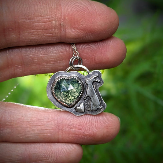 snowshoe Hare with Moss Agate Heart  - Necklace No.3